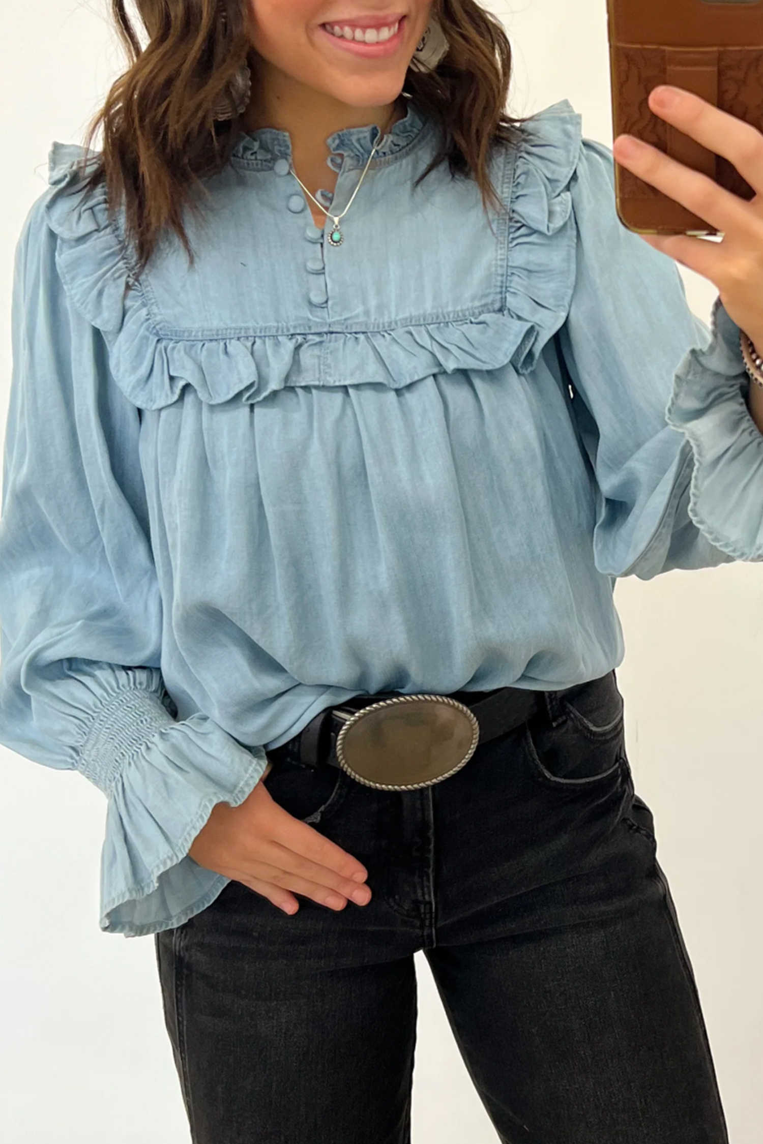 Beau Blue Western Ruffle Trim Button Neck Long Sleeve Chambray Blouse