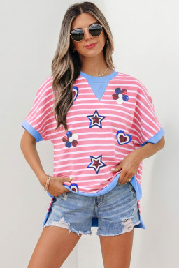 Pink Stripe Patriotic Sequin Patch Short Sleeve Loose Top