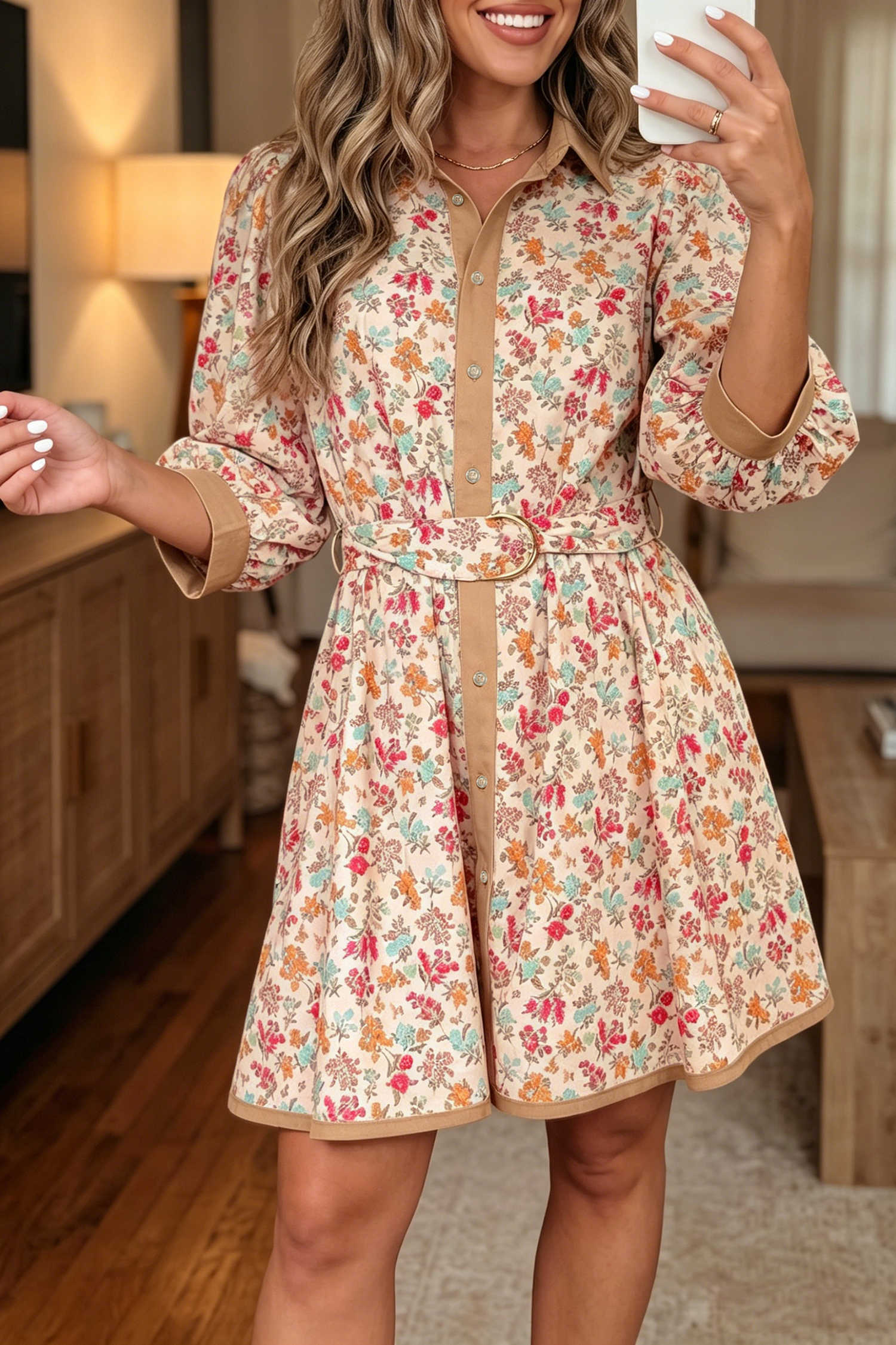 Orange Floral Kisses 3/4 Sleeve Buckle Belt Mini Dress