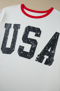 White Retro USA Striped Trim Short Sleeve Plus Size Tee