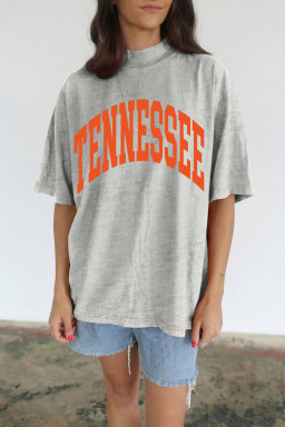 Light Grey Casual High Neck Slogan Tee Short Sleeve Loose Fit Summer T-Shirt