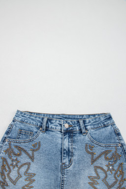 Dusk Blue Western Embroidery Stud Denim Shorts Summer Daily Wear