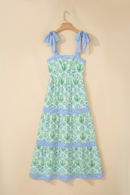 Green Geometric Floral Print Striped Patchwork Detail Sleeveless Dress