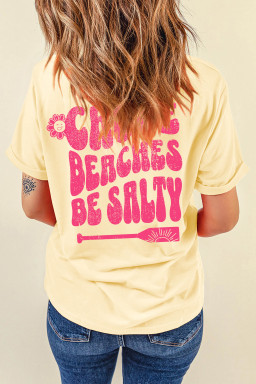 Yellow Cream Casual Round Neck Short Sleeve Slogan Print Loose Fit T-shirt