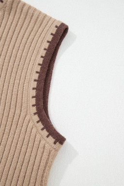 Light French Beige Ribbed Knit Contrast Trim Round Neck Horseshoe Sweater Vest