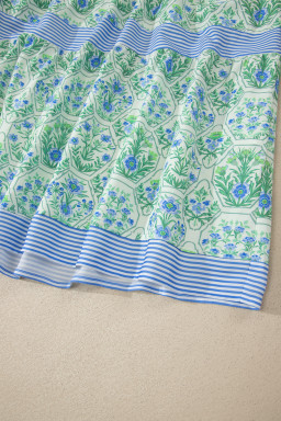 Green Geometric Floral Print Striped Patchwork Detail Sleeveless Dress
