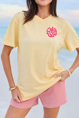 Yellow Cream Casual Round Neck Short Sleeve Slogan Print Loose Fit T-shirt