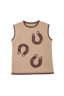 Light French Beige Ribbed Knit Contrast Trim Round Neck Horseshoe Sweater Vest