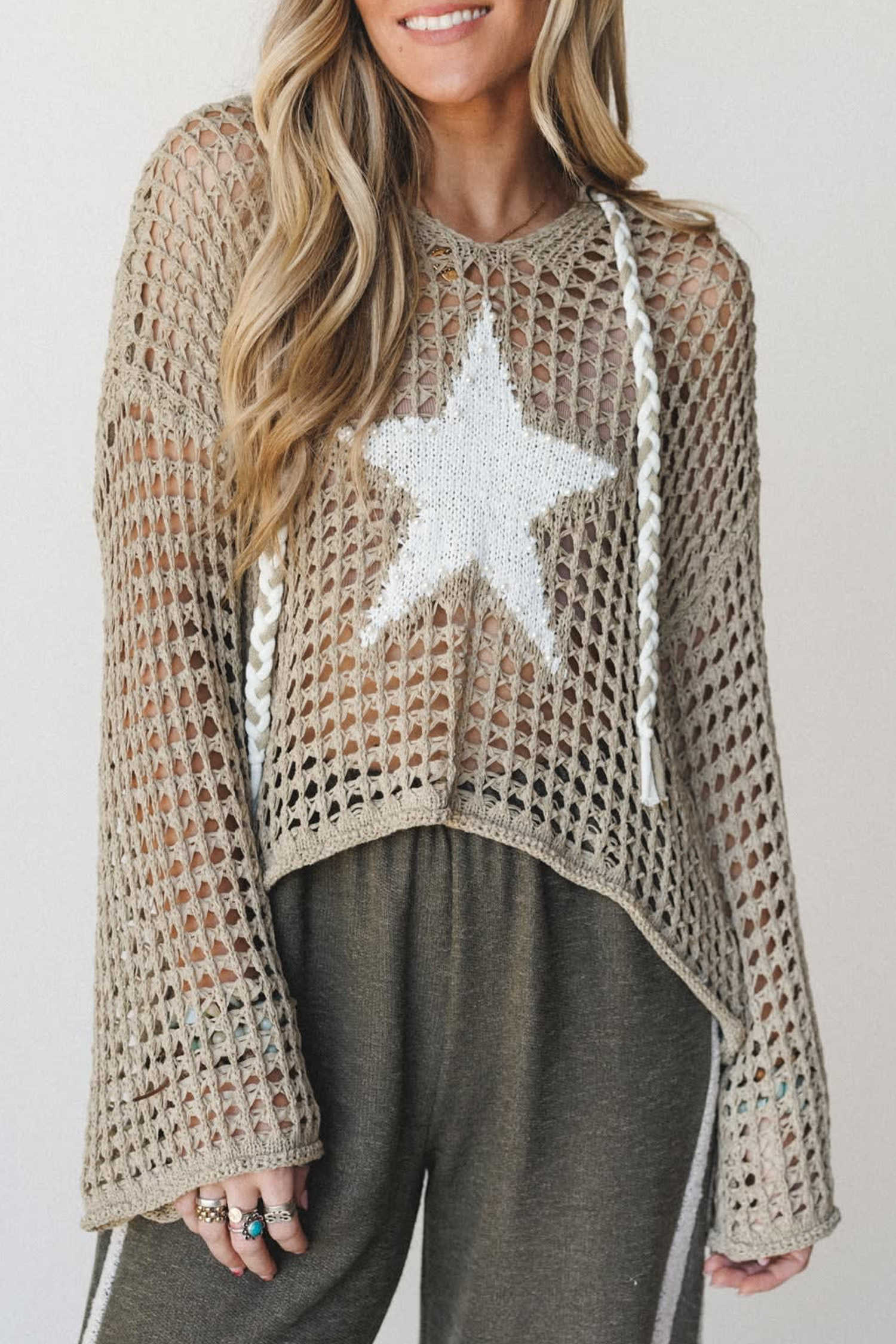 Sage Green Star Pattern Hollow Out Knit Contrast Drawstring Hooded Sweater