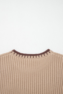 Light French Beige Ribbed Knit Contrast Trim Round Neck Horseshoe Sweater Vest