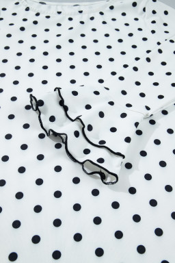 Black Polka Dot Print Lettuce Trim Long Sleeve Top