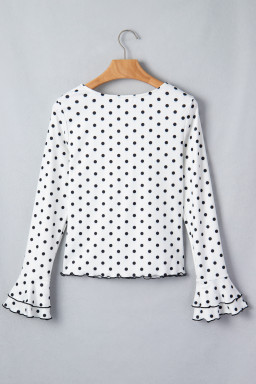 Black Polka Dot Print Lettuce Trim Long Sleeve Top