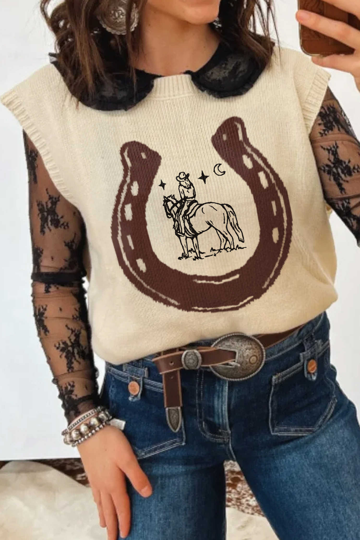 Beige Western Print Knit Vest with Lace Collar and Sleeveless Design for Casual Wear