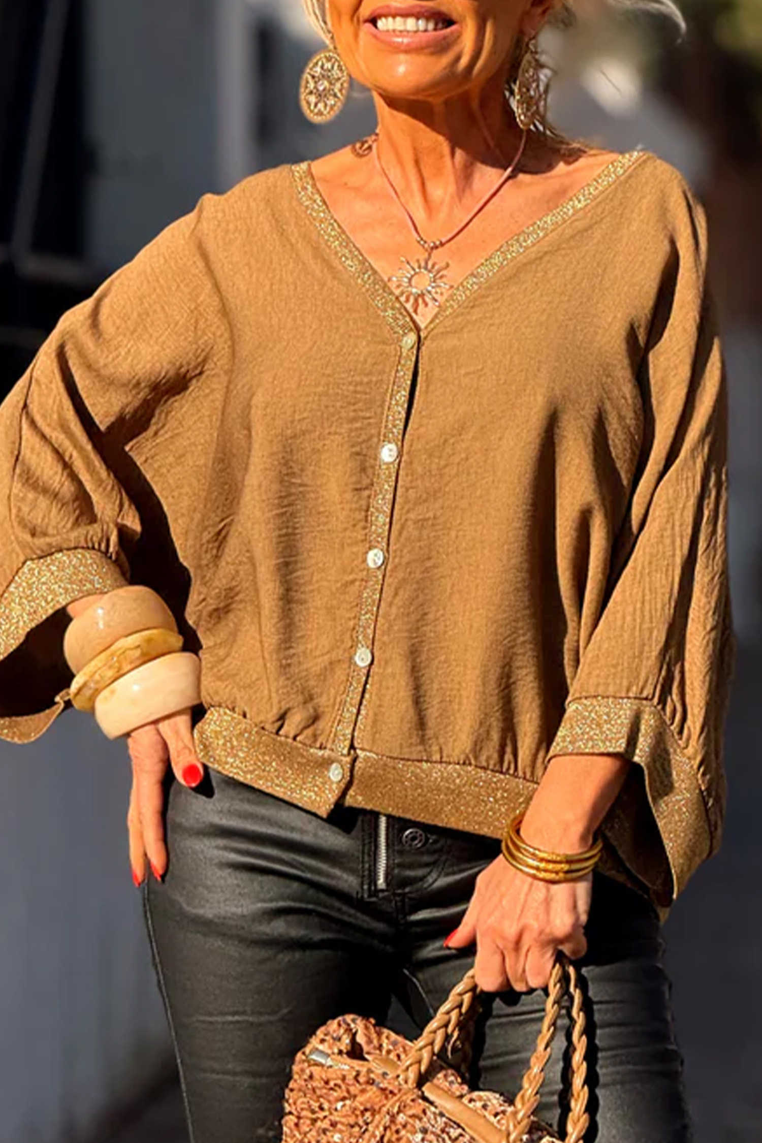 honey gold V Neck Glitter Trim Patchwork Bracelet Sleeve Casual Cardigan