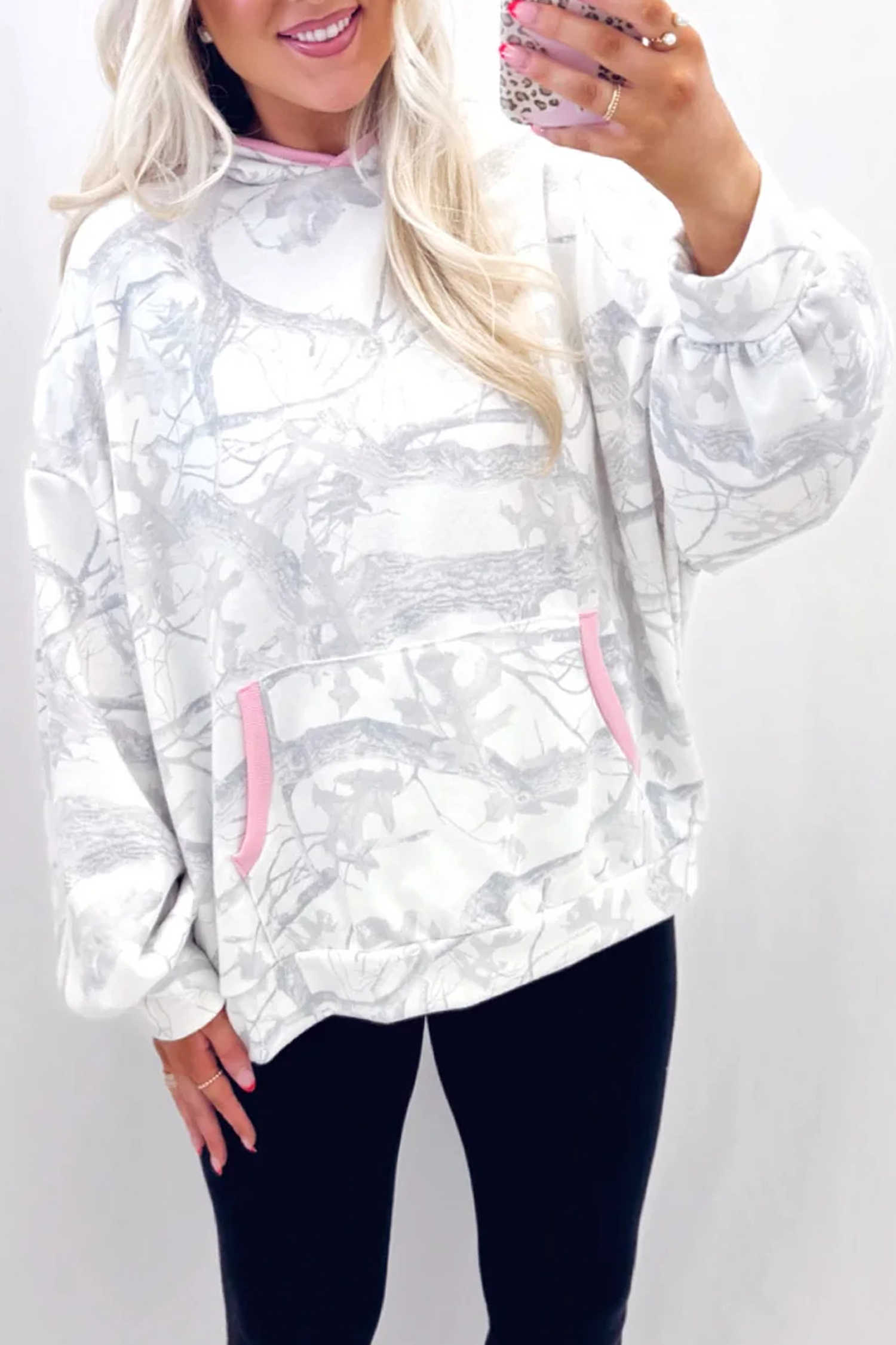 Gray Abstract Print Hoodie Colorblock Trim Pocket Oversized Hoodie