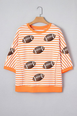 Orange Stripe Sequin Football Graphic Three Quarter Sleeve Top