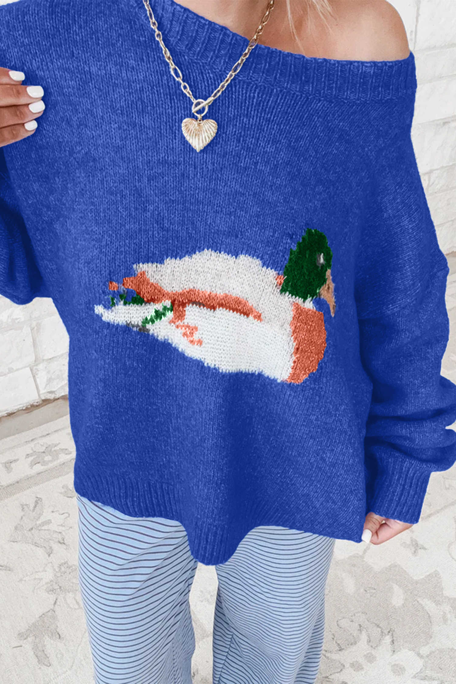 Sky Blue Retro Duck Pattern Drop Shoulder Knit Baggy Sweater