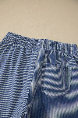 Blue Stripe Drawstring Elastic Waist Casual Denim Shorts
