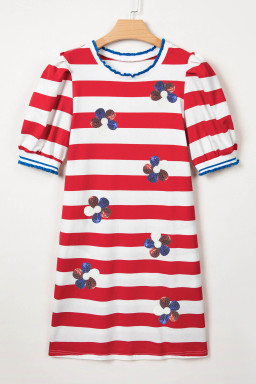Red Stripe Patriotic Sequin Flowers Short Puff Sleeve T Shirt Shift Dress