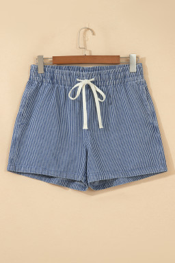 Blue Stripe Drawstring Elastic Waist Casual Denim Shorts