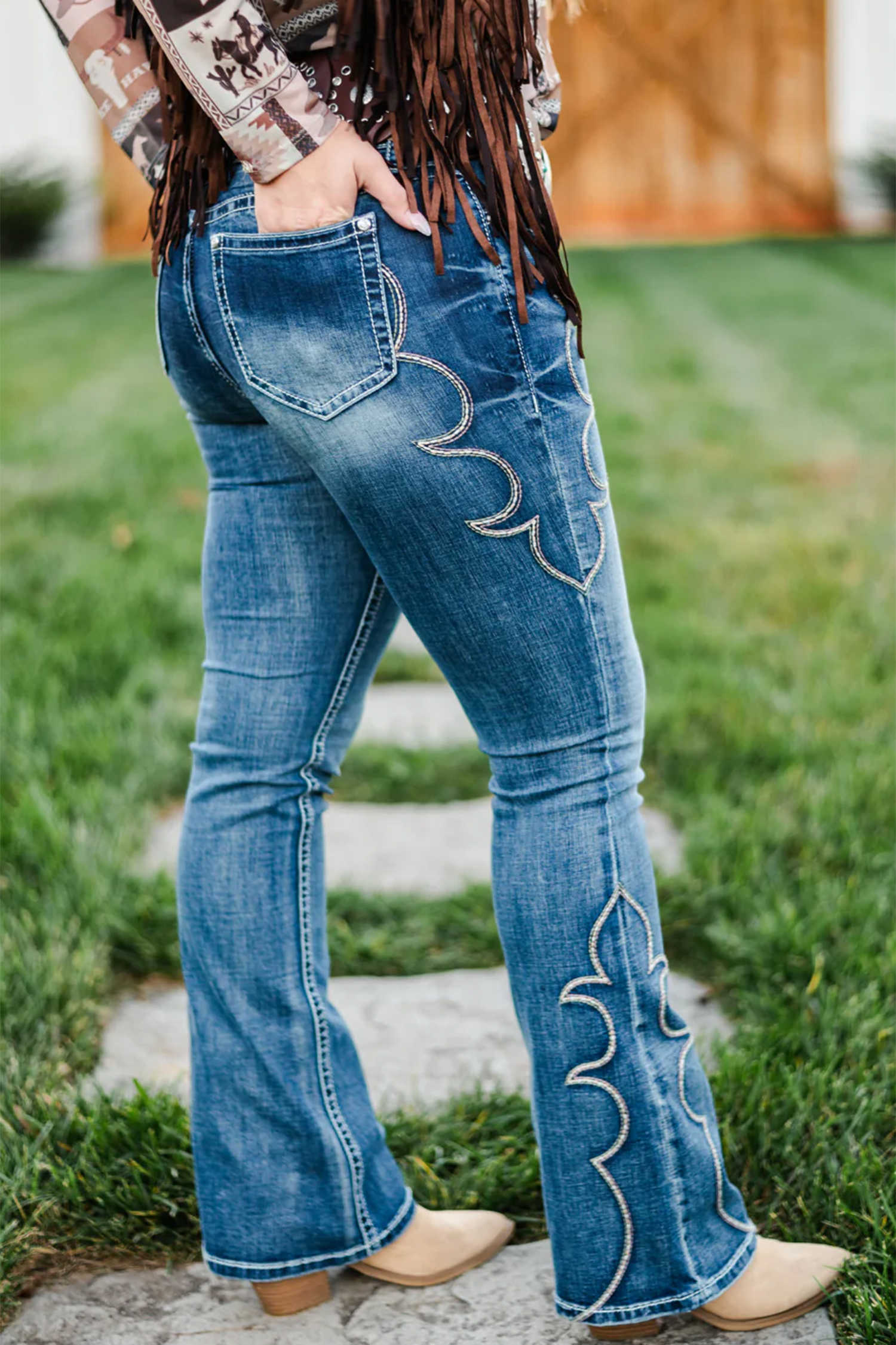 Blue Western Embroidery Flare Jeans Casual Full-Length Pants
