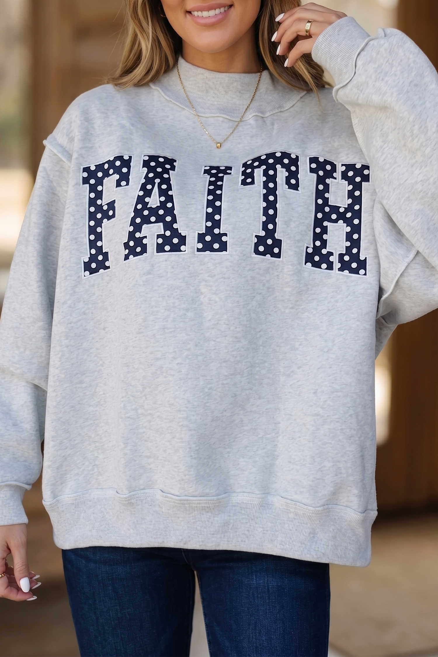 Light Grey Polka Dot Slogan High Neck Long Sleeve Sweatshirt Pullover