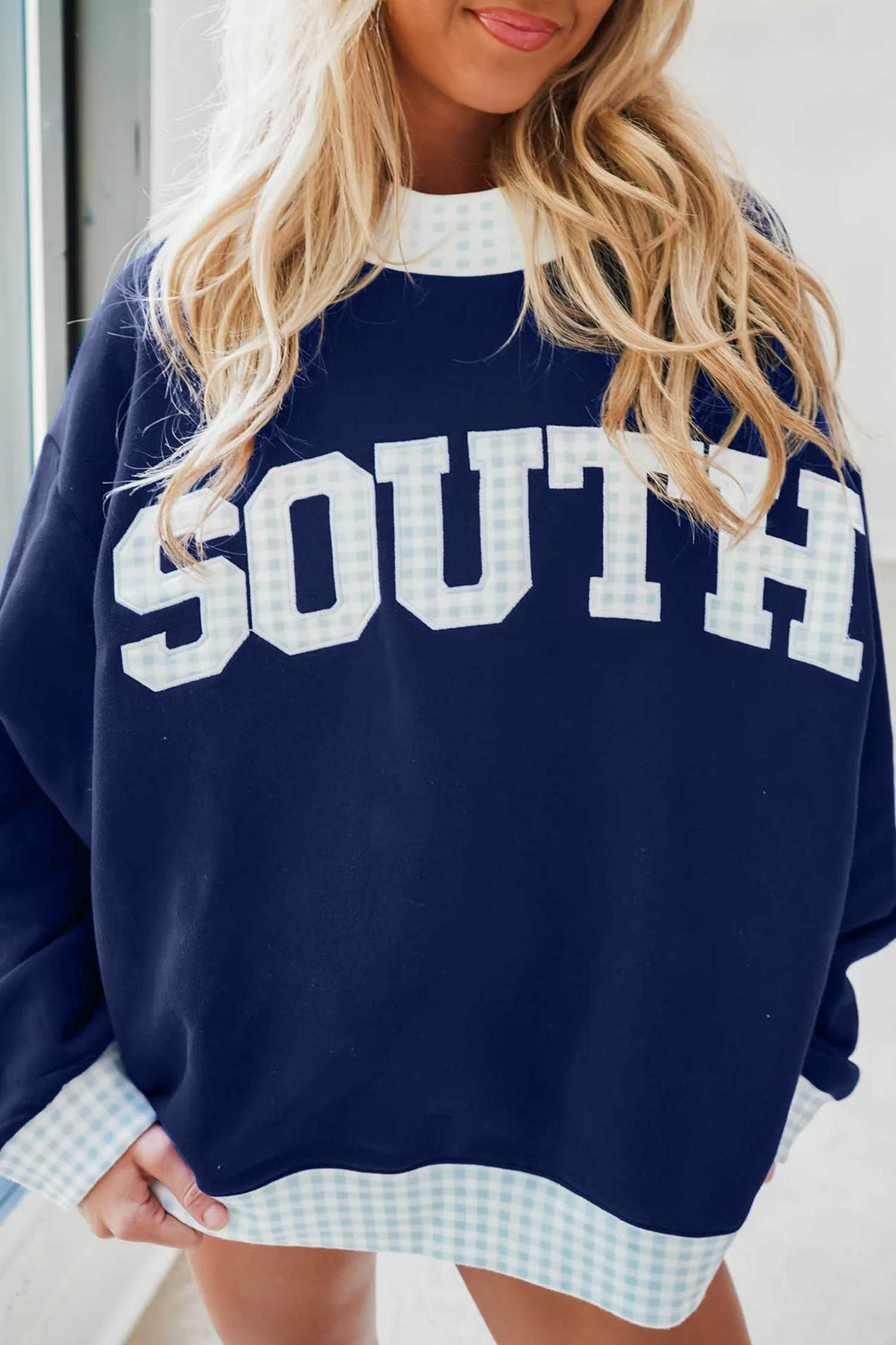Sail Blue Plaid High Neck Sweatshirt Colorblock Lettering Casual Shift Fit Pullover