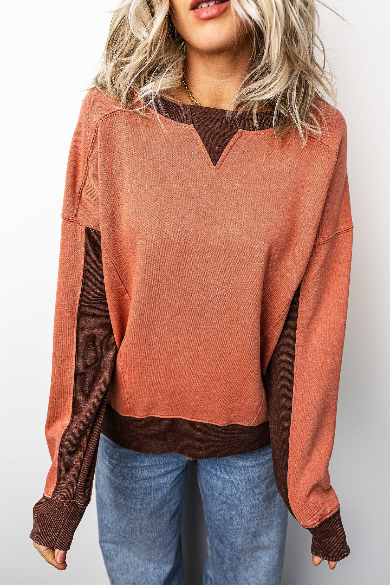 Flamingo Vintage Washed Colorblock Patchwork Long Sleeve Sweatshirt