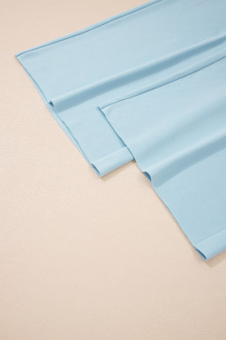 Mist Blue Solid Color Ribbed Trim Short Sleeve Top Drawstring Loose Pants 2pcs Outfit