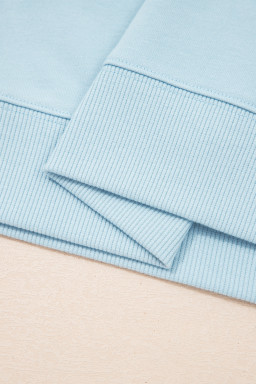 Mist Blue Solid Color Ribbed Trim Short Sleeve Top Drawstring Loose Pants 2pcs Outfit