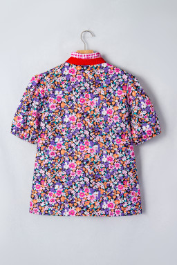 Purple Ditsy Floral Print Plaid Colorblock Trim V Neck Blouse