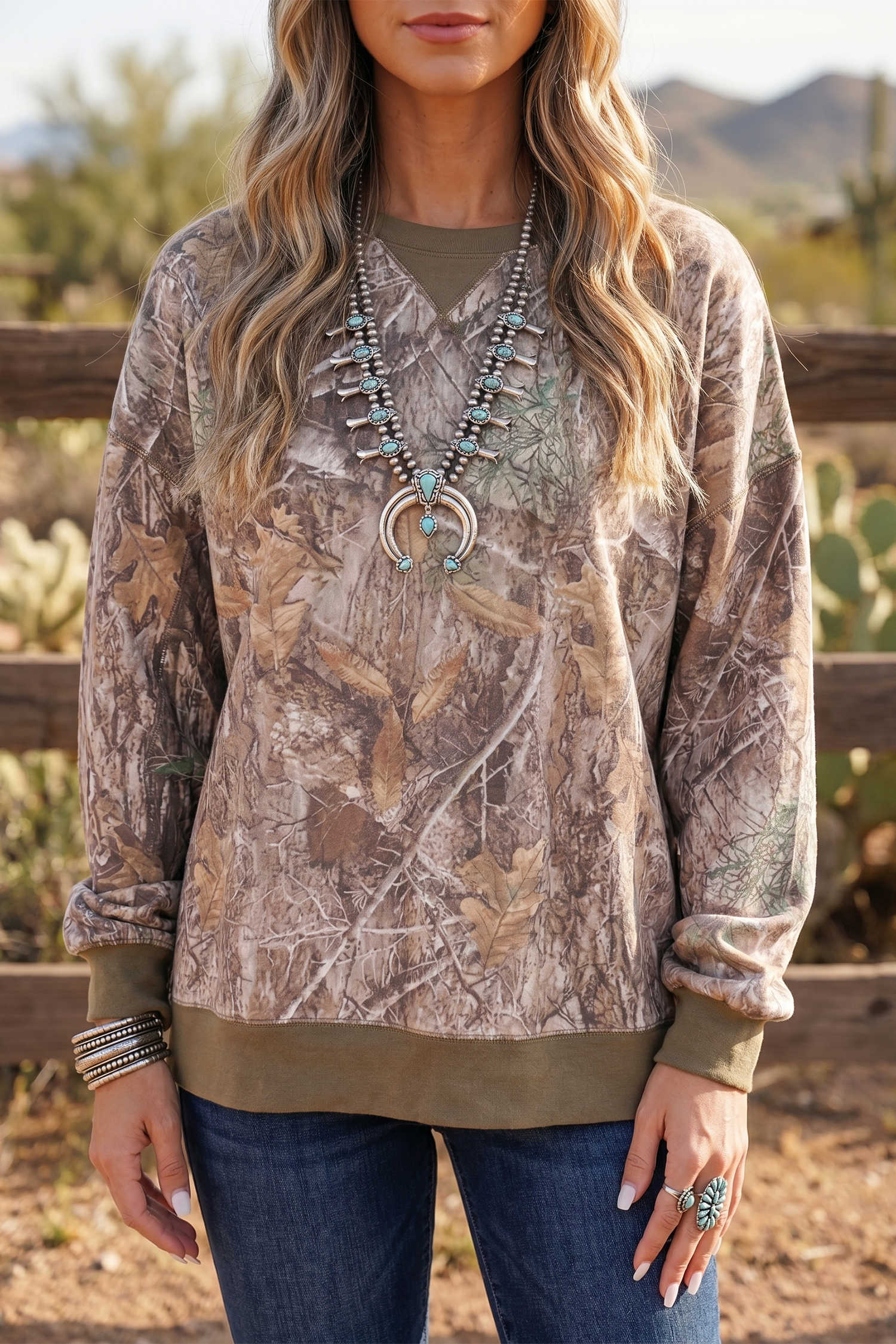 Brown Abstract Camo Print Colorblock Trim Baggy Sweatshirt