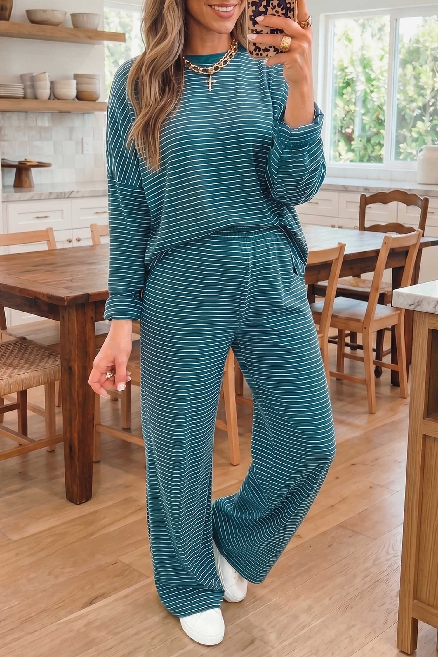 Green Stripe Dropped Shoulder Tunic Pullover Elastic Waist Loose Pants Set