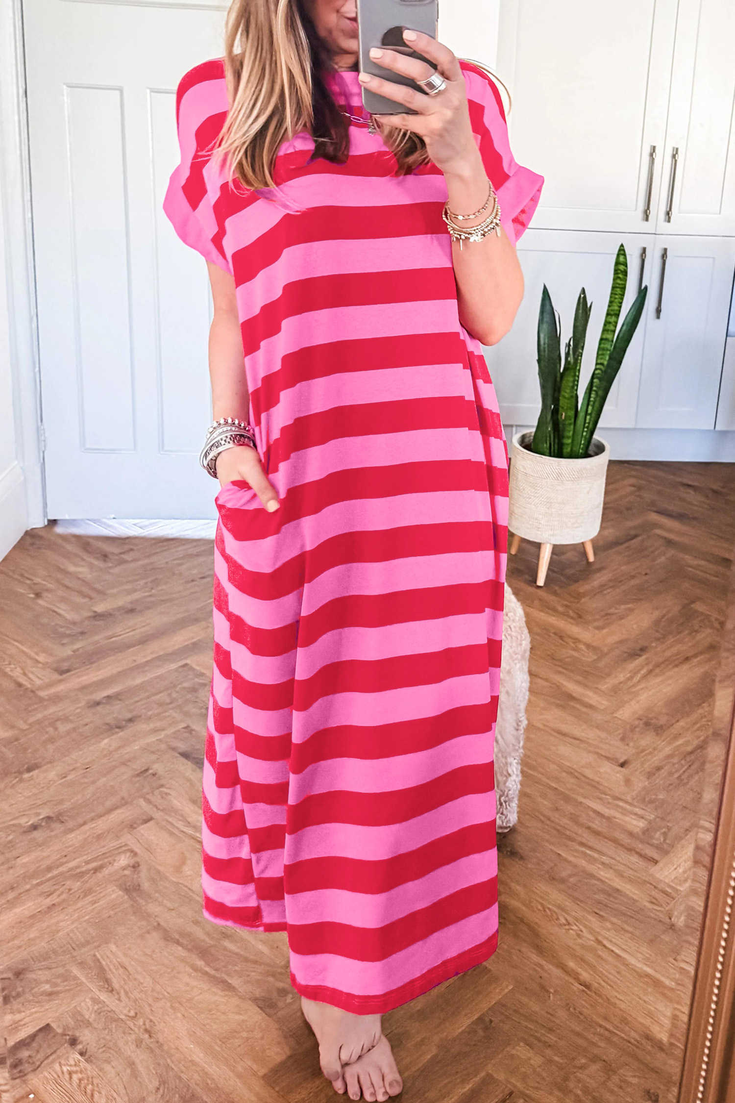 Rose Stripe Contrasting Cuffed Pocketed Shift Long Dress