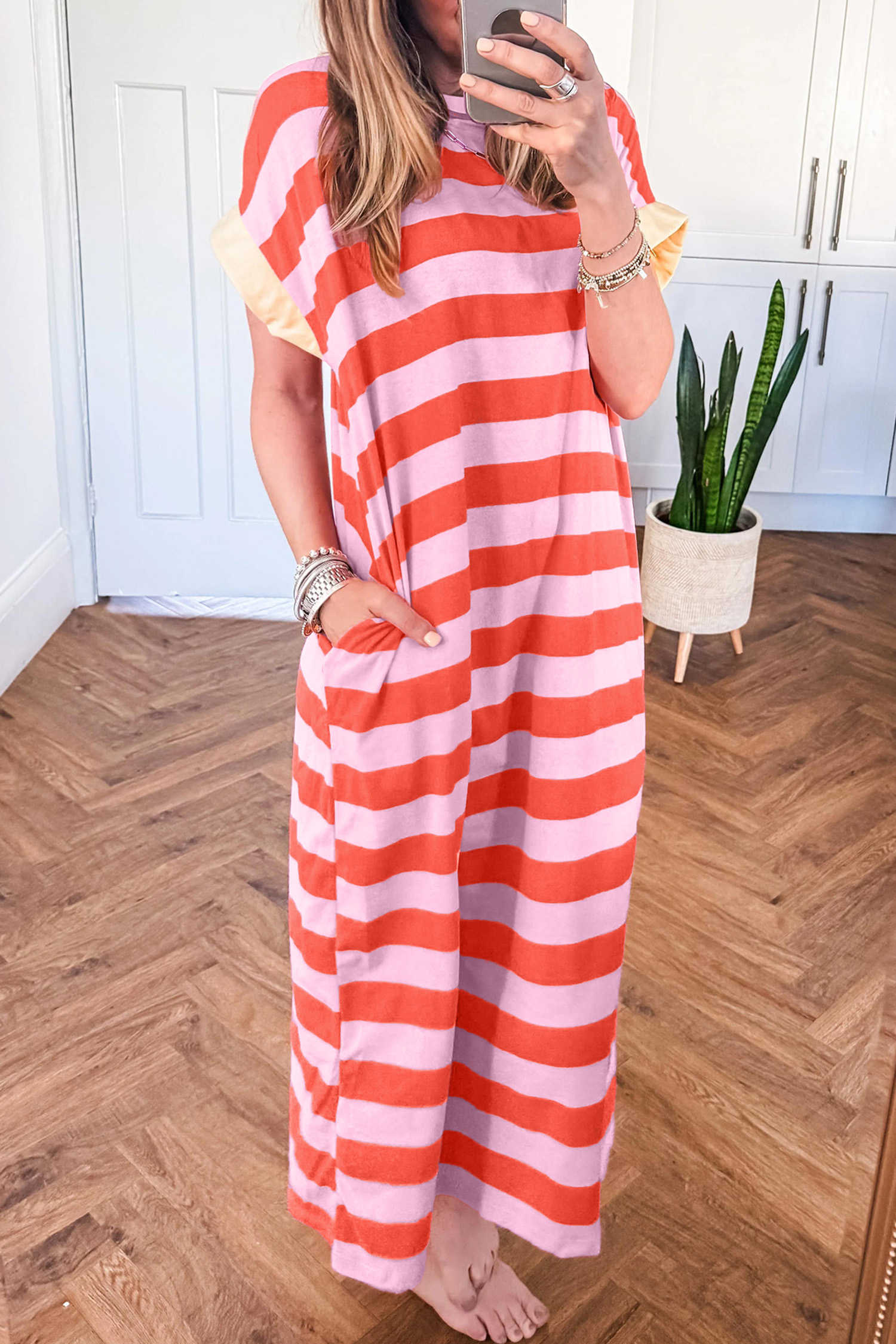 Orange Stripe Contrasting Cuffed Pocketed Shift Long Dress