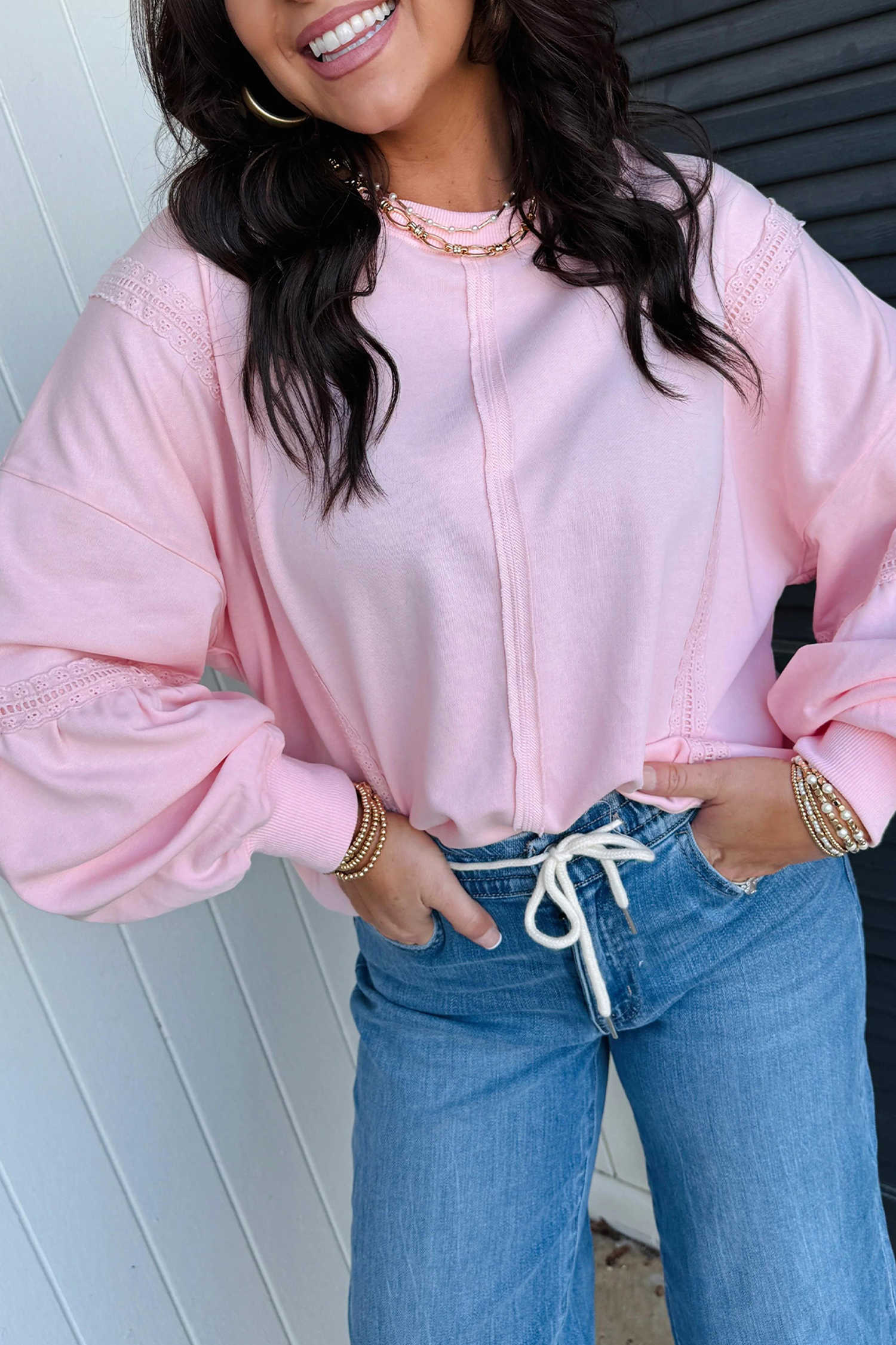 Pink Solid Color Hollowed Lace Detail Casual Pullover Sweatshirt