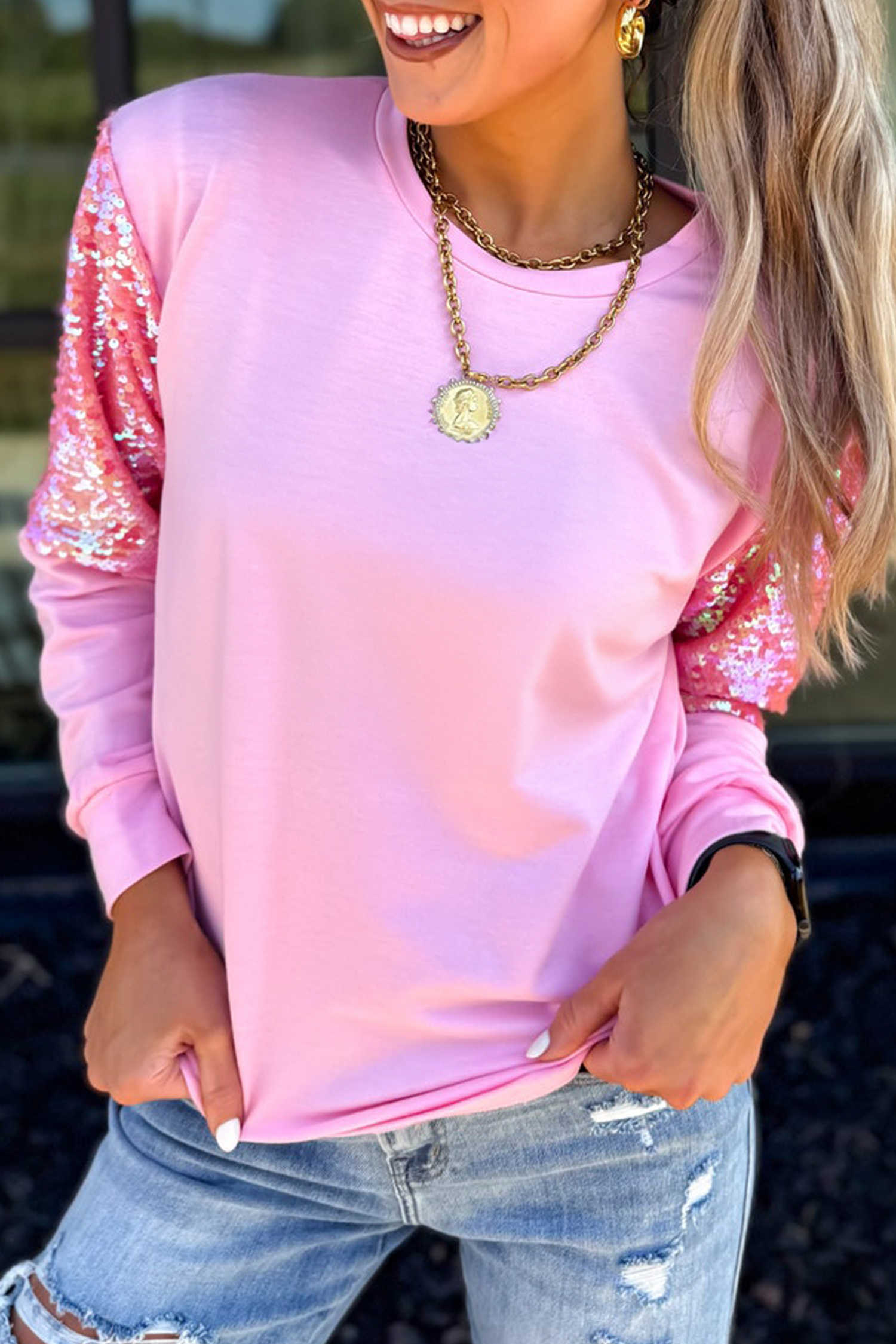 Pink Sequin Accent Long Sleeve Crew Neck Top