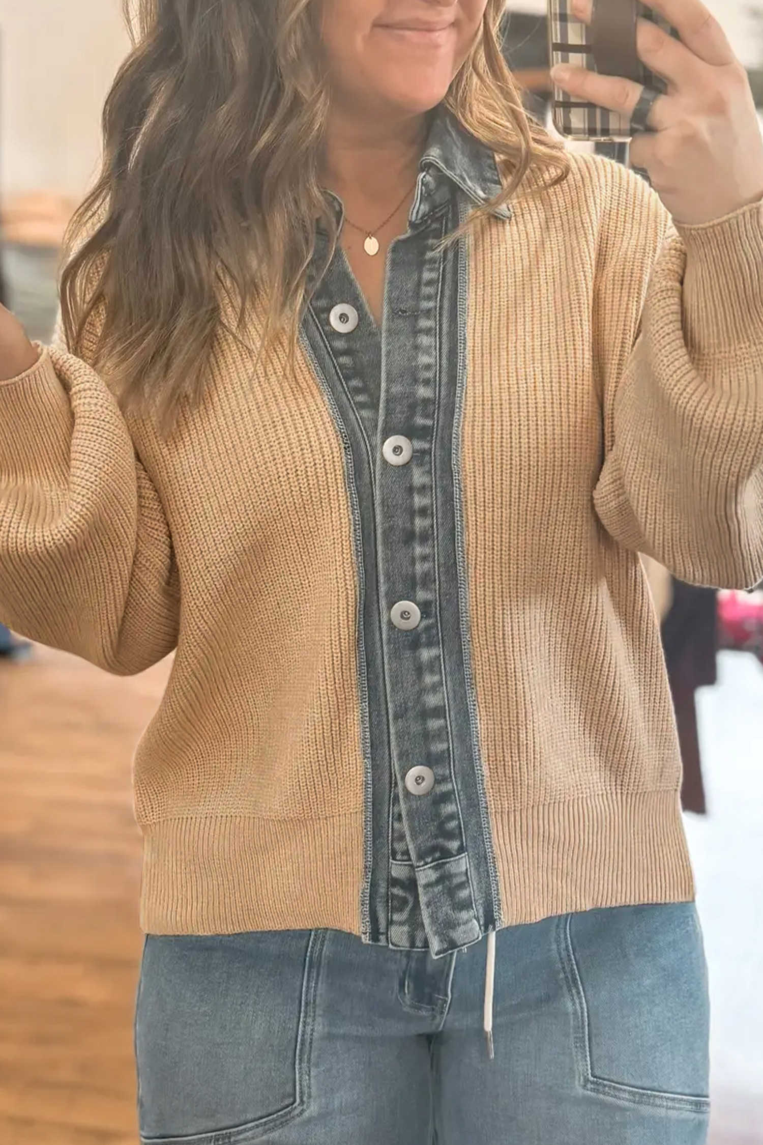 Parchment Drop Shoulder Knit Denim Contrast Collar Button Down Cardigan