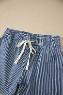 Blue Stripe Drawstring Elastic Waist Casual Denim Shorts