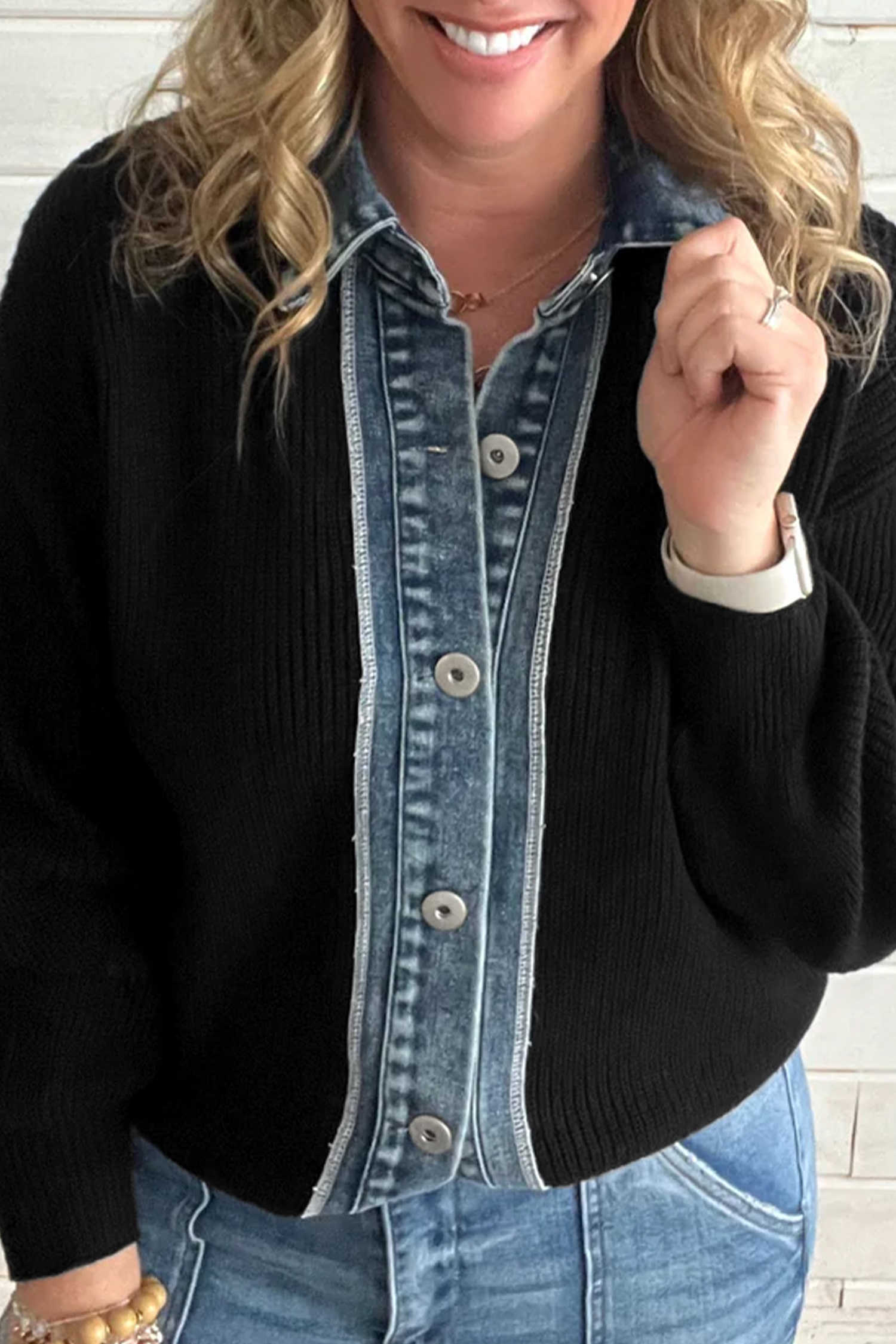 Color black Drop Shoulder Knit Denim Contrast Collar Button Down Cardigan