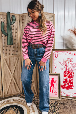 Pink Stripe V Neck Long Sleeve Drop Shoulder Blouse