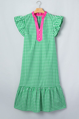 Bright Green Summer Color-Blocked Plaid Pattern Midi Dress