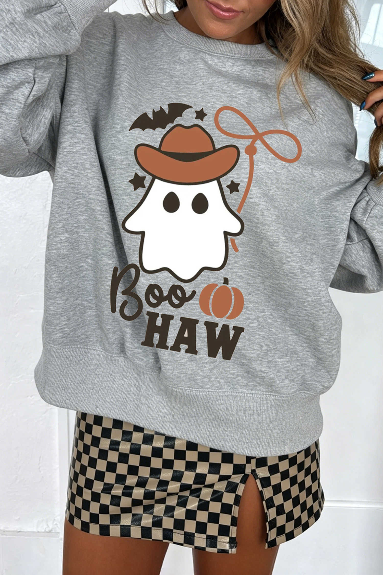 Medium Grey BOO HAW Western Ghost Printed Halloween Pullover Sweatshirt