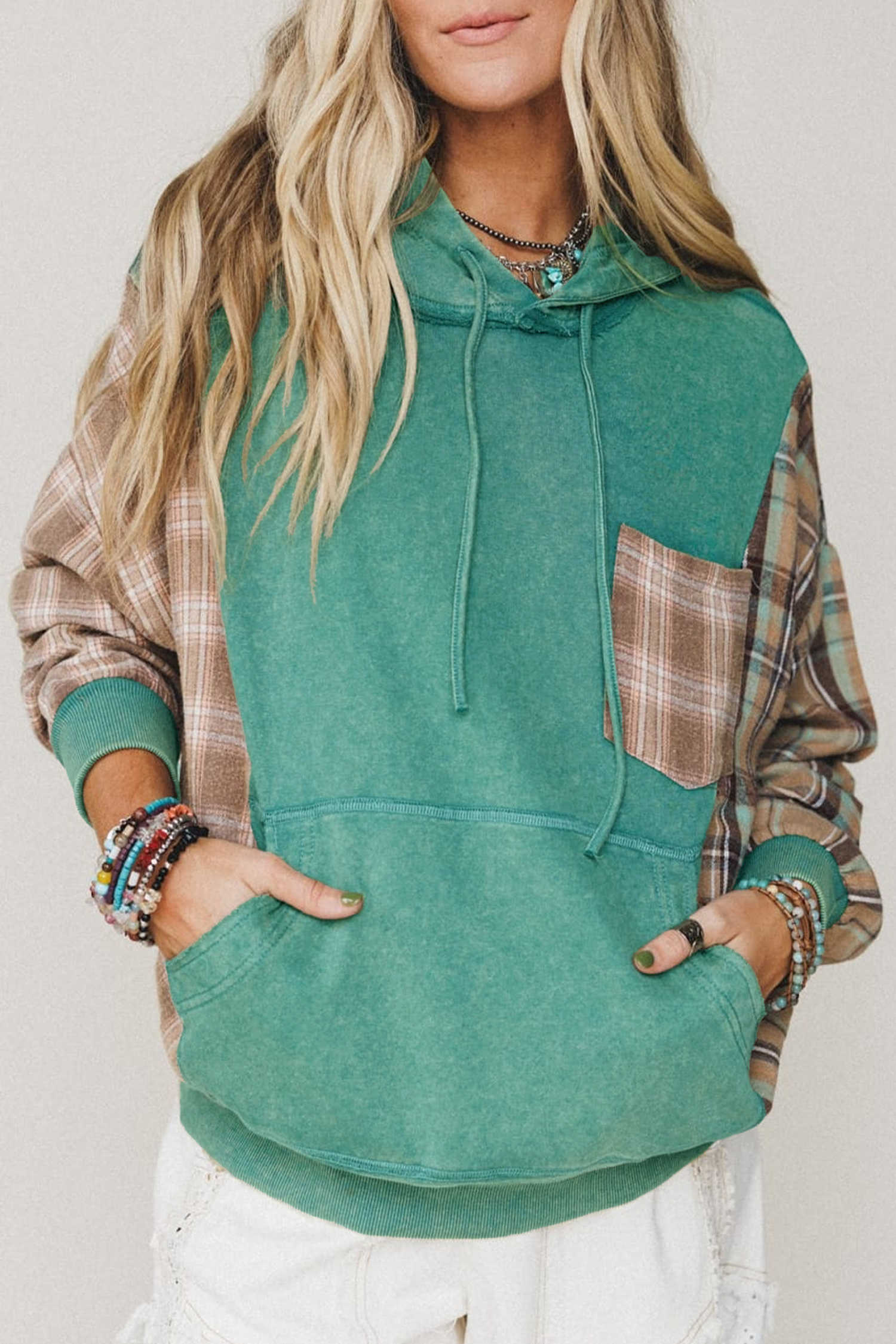Smoke Green Mineral Wash Colorblock Plaid Patchwork Drawstring Hoodie