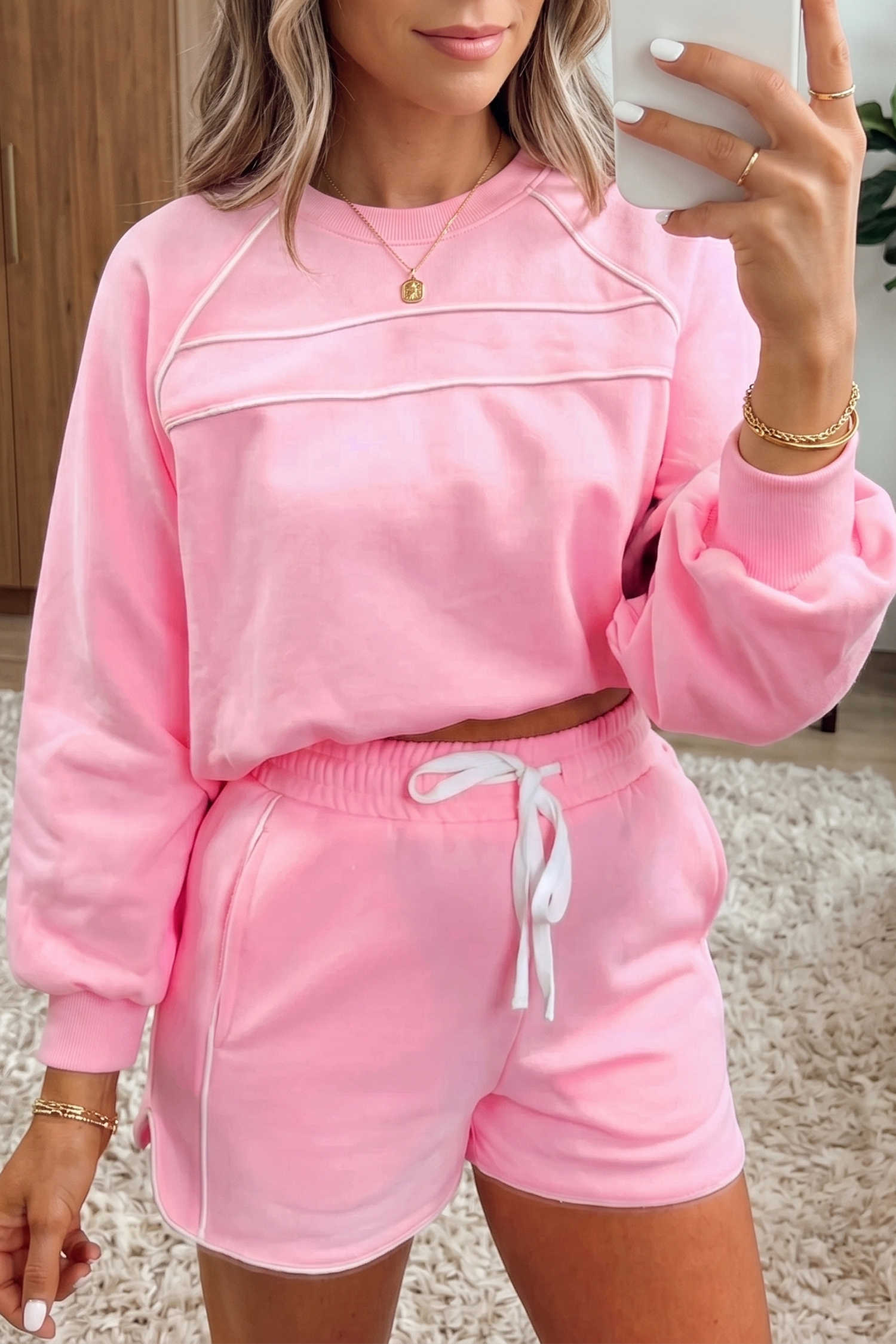 Pink Contrast Piping Detail Sporty Pullover Drawstring Short Set
