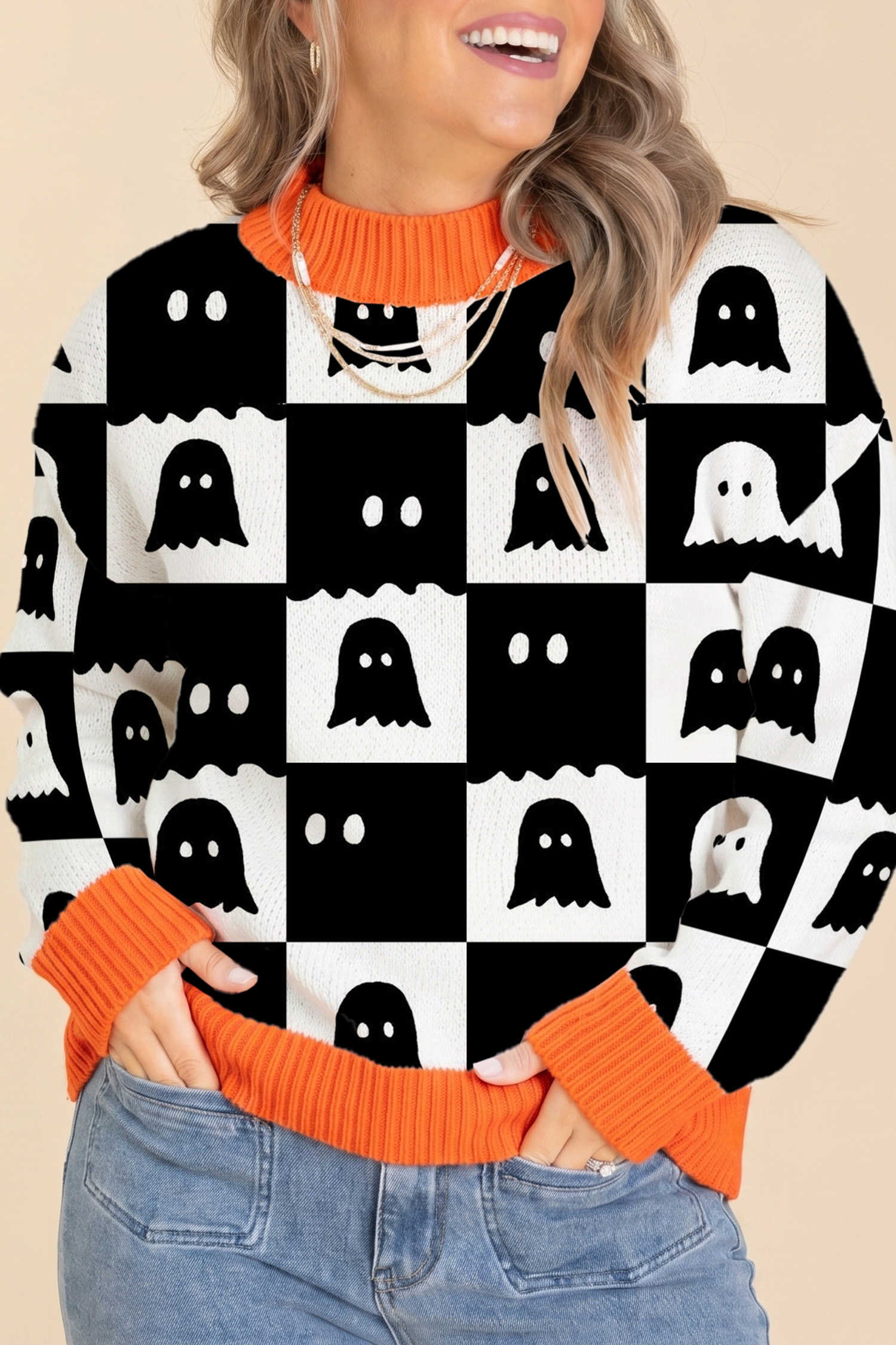 Black Geometric Ghost Print Color Block Mock Neck Loose Sweater