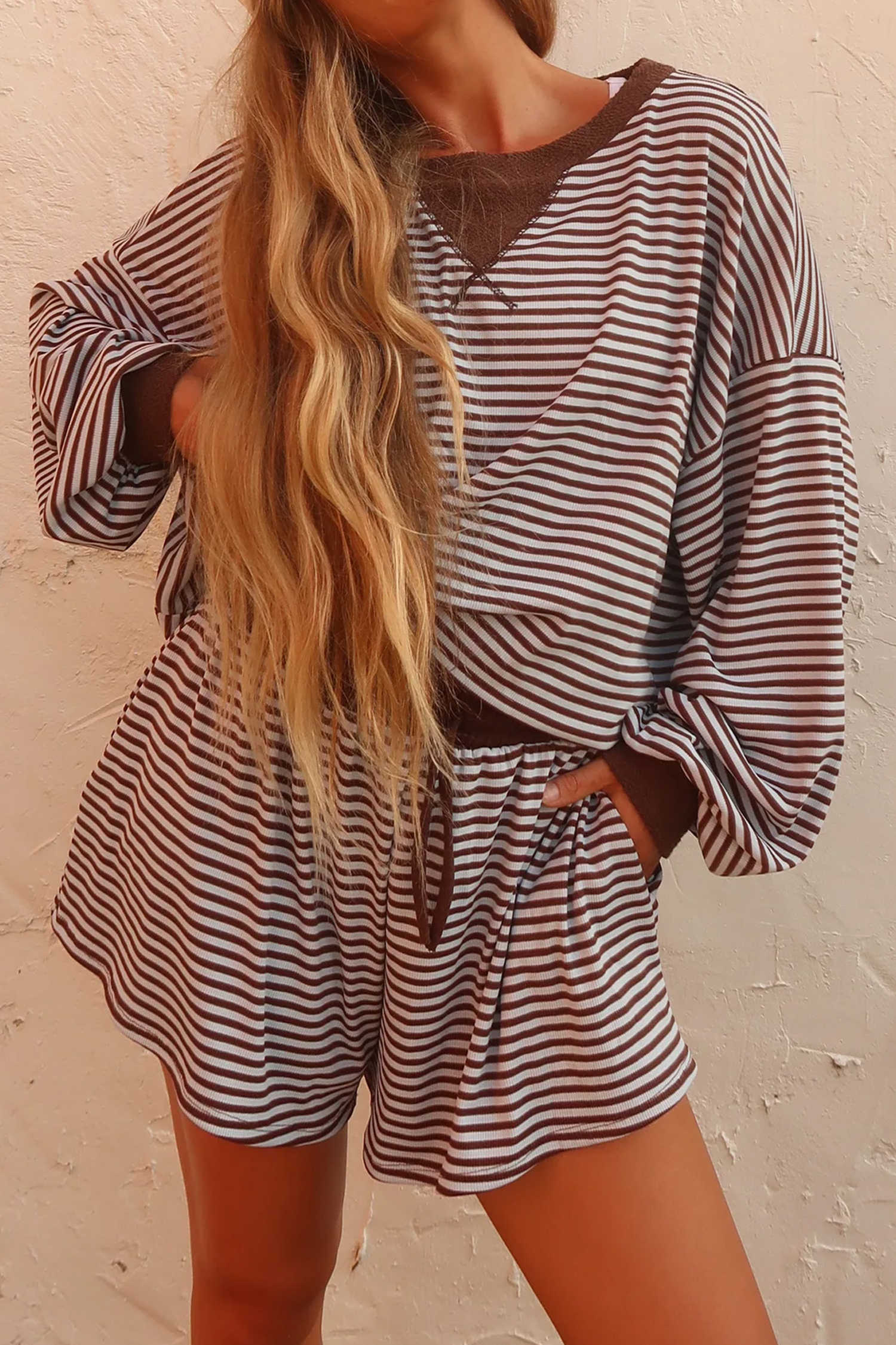 Brown Stripe Oversized Long Sleeve Top Drawstring Loose Shorts 2pcs Set