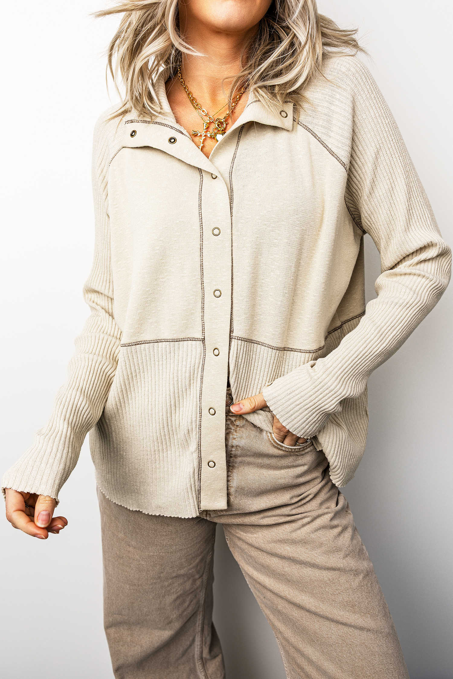 Beige Ribbed Knit Patchwork Seam Detail Button Up Sweater Cardigan
