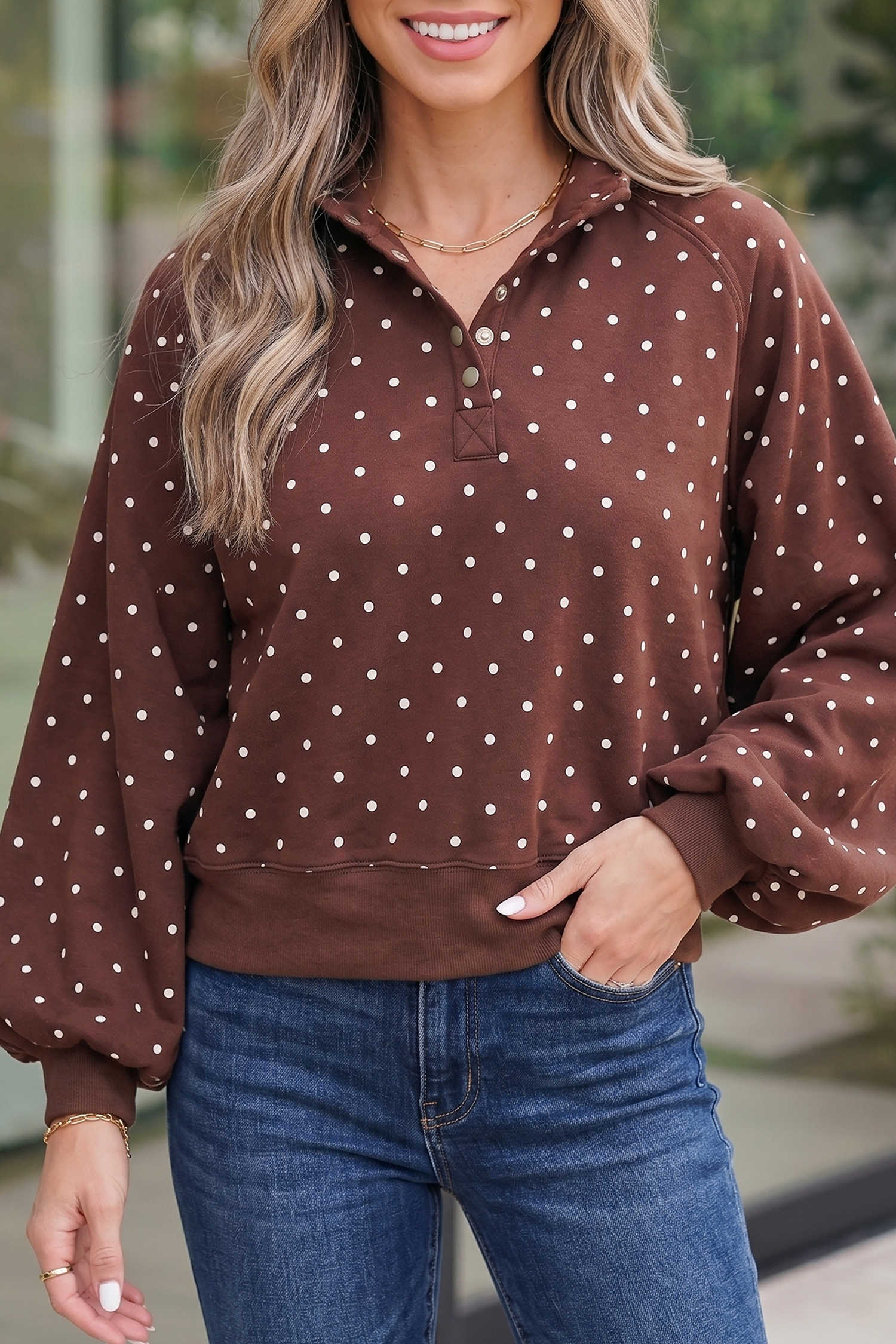 Brown Polka Dot Long Sleeve Pullover Hoodie with Metal Button Collar and Printed Bust Detail