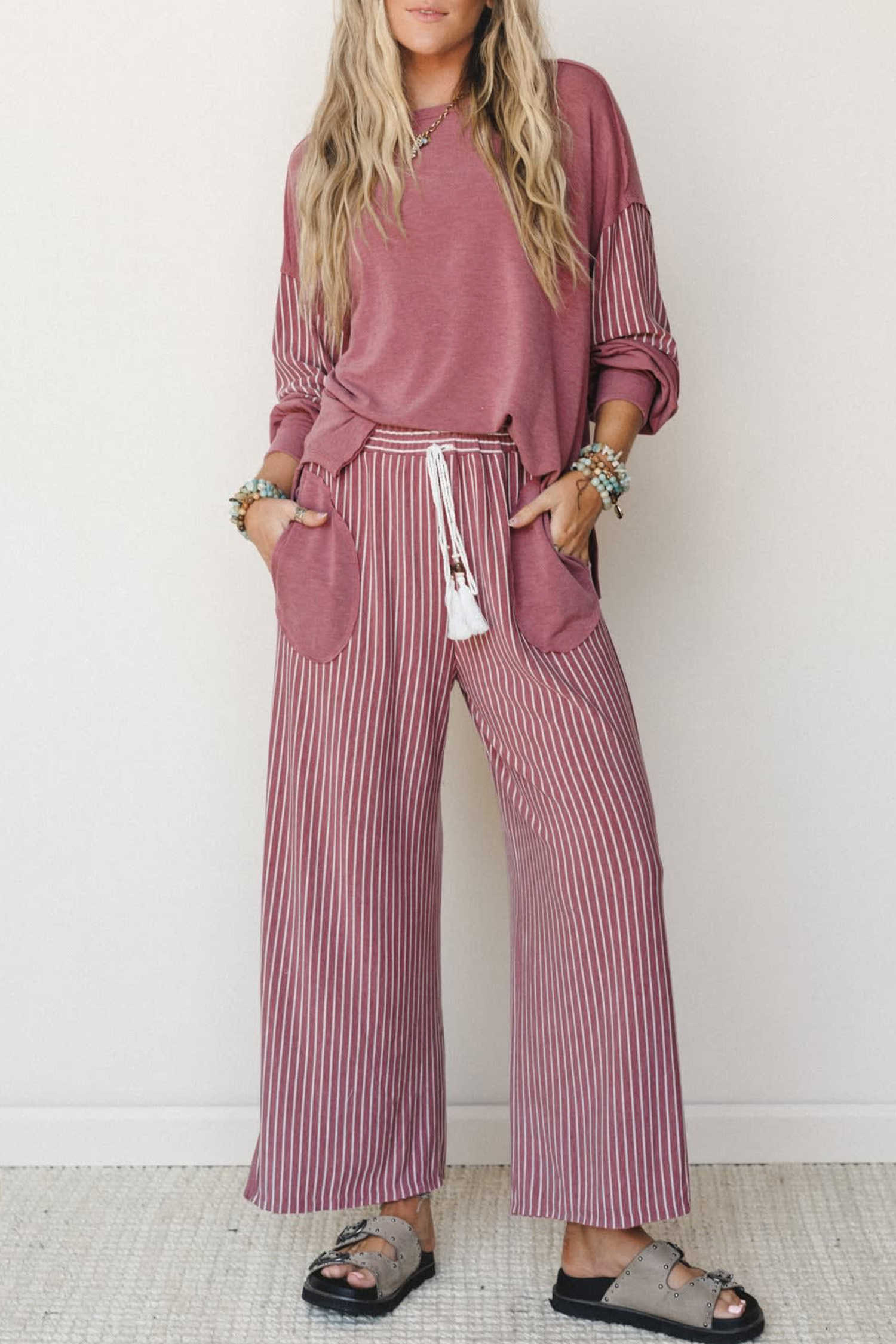 Fushia Rae Edge Patchwork Long Sleeve Top Pocket Casual Pants 2pcs Set